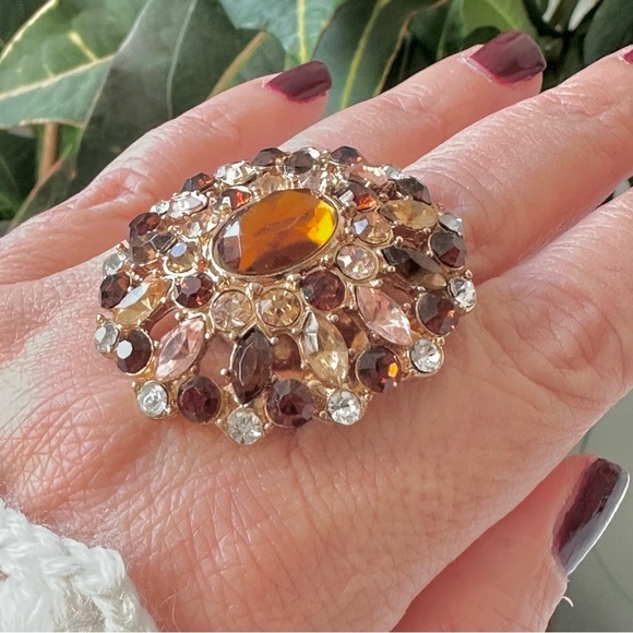 Giant Chunky Crystal Cocktail Ring Amber Topaz Jewel Tones - Size 8.75 - Picture 1 of 9
